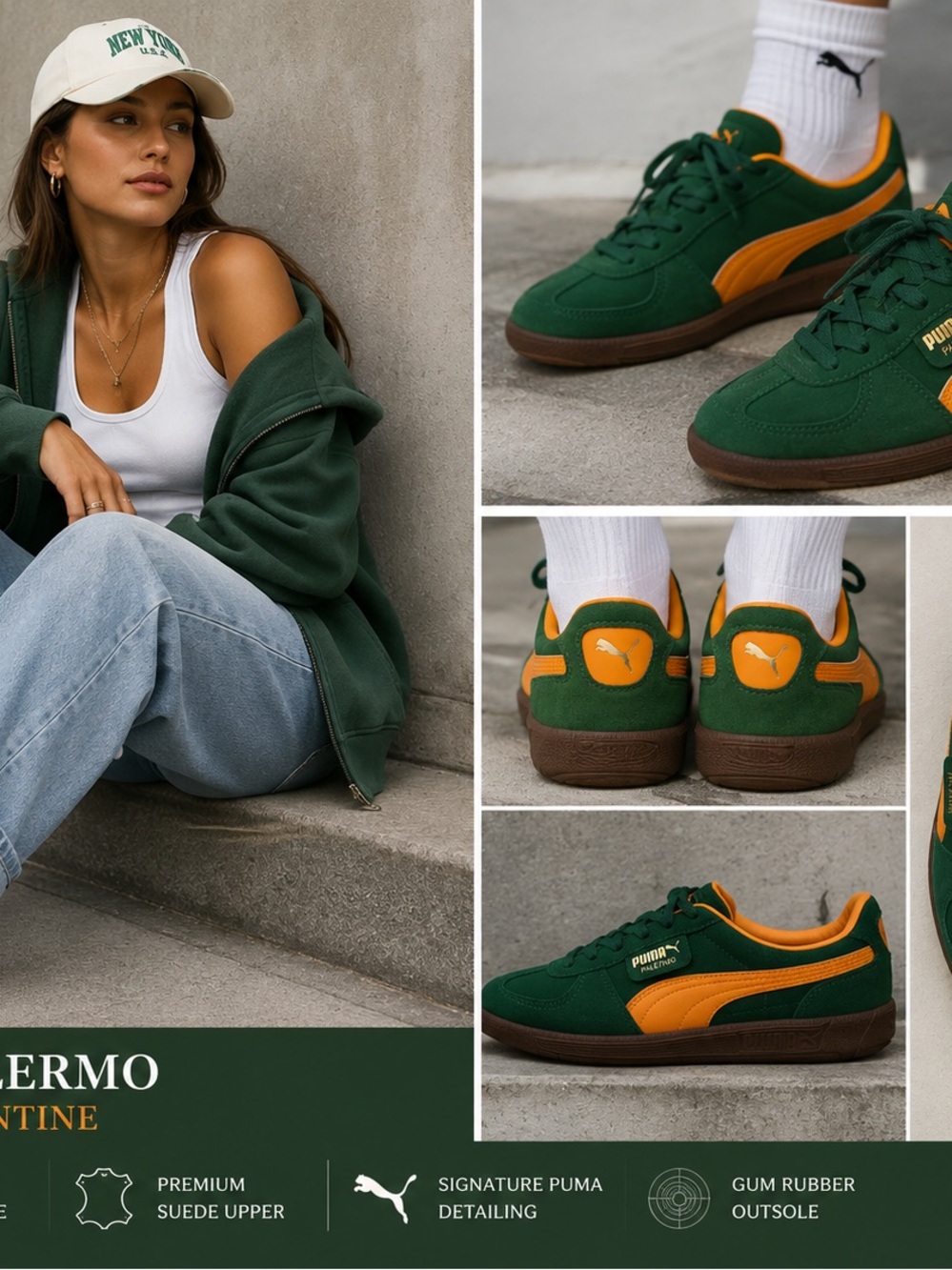PUMA Palermo Sneakers Green Orange Vine Clementine Suede Size 6.5